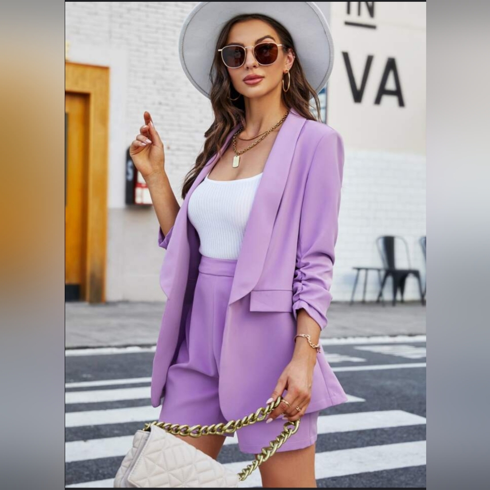 Lavender Relaxed Fit Blazer with Notched Lapels with Shorts To Match As A Suit.